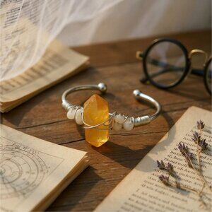 Citrine & Moonstone Wire Wrap Cuff – 925 Silver Over Copper – Energy & Balance